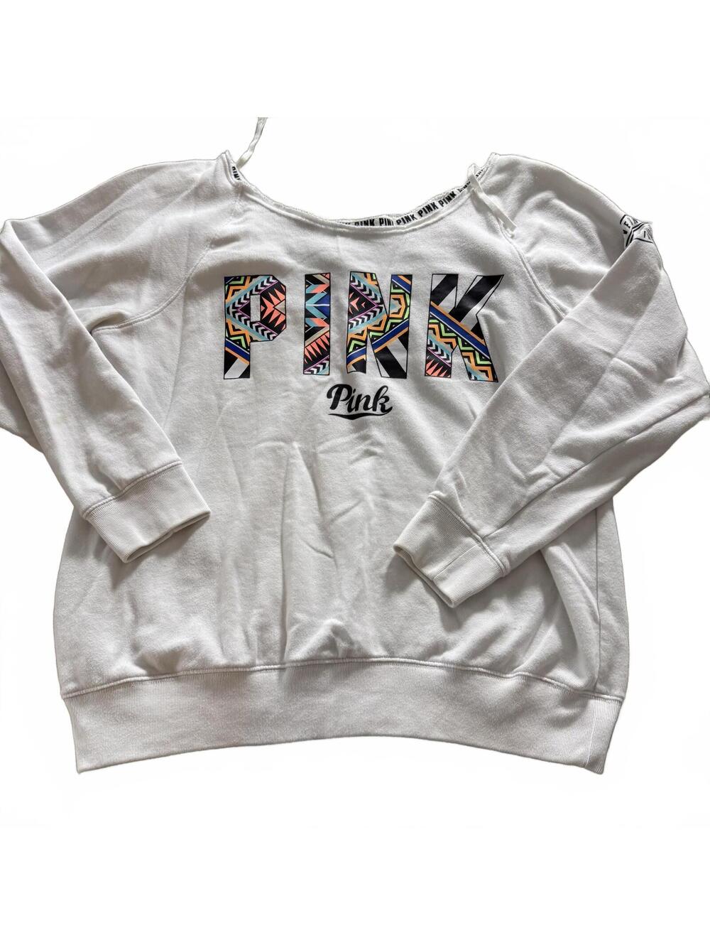 PINK VTG Victoria Secret 90s Geometric Logo Off shoulder White Sweatshirt SZ L